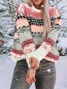 Vintage Argyle Patchwork Crew Neck Knit Pullover Top - View 1