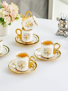 6 件套卡布奇诺咖啡杯碟、带金边碟子的陶瓷咖啡杯、土耳其咖啡杯、6 件套浓缩咖啡杯碟 - 彩色 - 查看 4