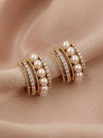 Andkiss Rhinestone & Faux Pearl Decor Hoop Earrings
