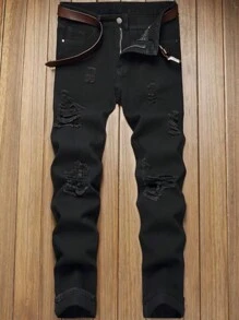 Men's Slim Straight Black Jeans Trousers, Distressed Casual Comfortable Design Suitable For City Walking And Outdoor Activities, Autumn/Winter