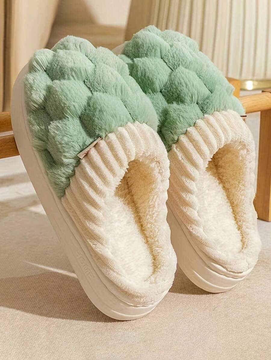 女士时尚简约格子软底布艺拖鞋冬季居家室内保暖厚底毛绒布艺情侣拖鞋万圣节 - 綠色 - 查看 1