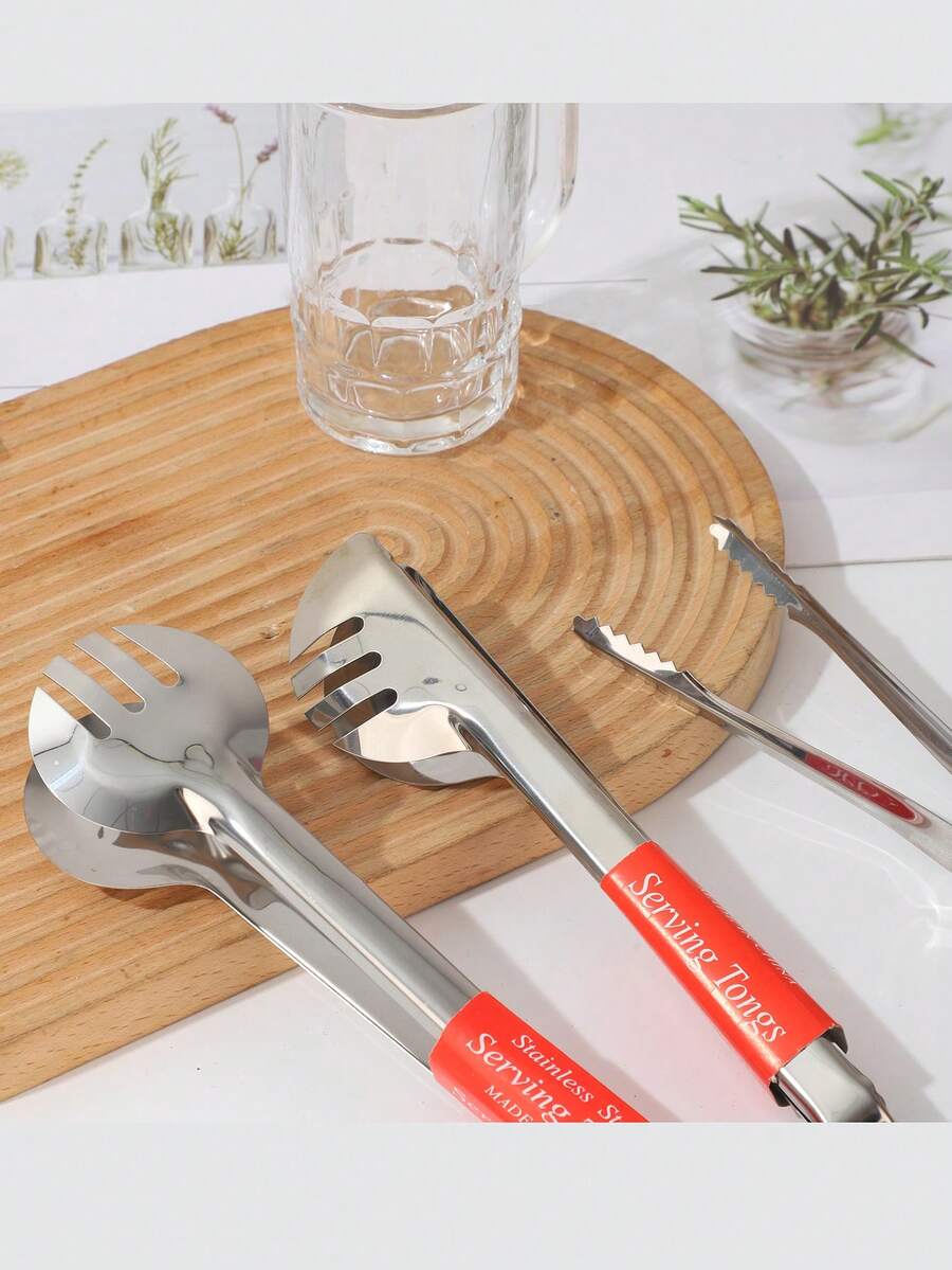 1 pieza Pinzas resistentes al calor de acero inoxidable, herramienta de cocina para cubitos de hielo, pan, pasteles, pasteles, bistecs, pizza - Plateado - Ver 1