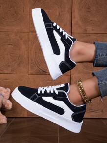 秋冬女士时尚低帮运动鞋，撞色设计，透气，厚底，适合多种场合 - 黑色 - 查看 2