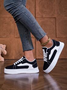 秋冬女士时尚低帮运动鞋，撞色设计，透气，厚底，适合多种场合 - 黑色 - 查看 5