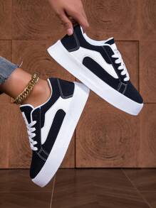 秋冬女士时尚低帮运动鞋，撞色设计，透气，厚底，适合多种场合 - 黑色 - 查看 1