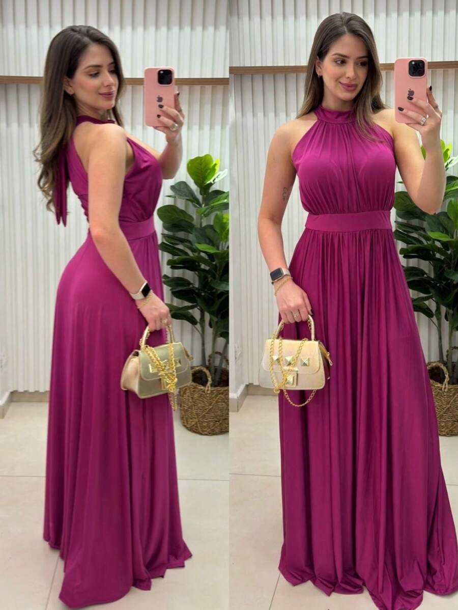 Long Dress Turtleneck Sleeveless Fluity Mesh Solid Color Elegant Party Fashion Women - 玫瑰紅 - 查看 1