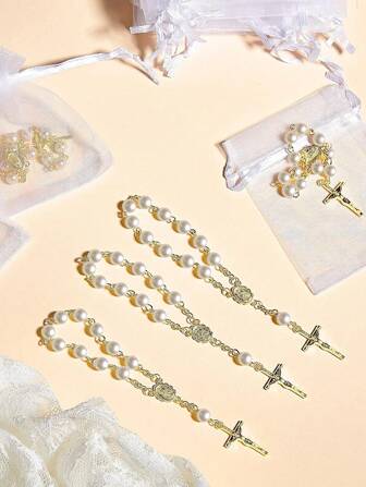 10-set - Doppresentset, armband med konstpärlor och korshänge, födelsedagsfestpresenter och minnespresenter, dop, bröllop, festpresenter, doppresenter till kvinnor, presenter, födelsedagsfester, bröllopsfester, möhippa, jubileumsfester, temafester, halloween, jul, thanksgiving och skördefest, höst ((slumpmässigt antal pärlor)) gyllene