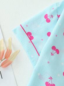 Bộ đồ ngủ in họa tiết quả anh đào dễ thương cho nữ 2 món, áo cổ chữ V tay ngắn cài nút và quần short nơ, đồ ngủ mùa hè và đồ mặc ở nhà, bộ đồ hai mảnh - Màu xanh lam - Xem 4