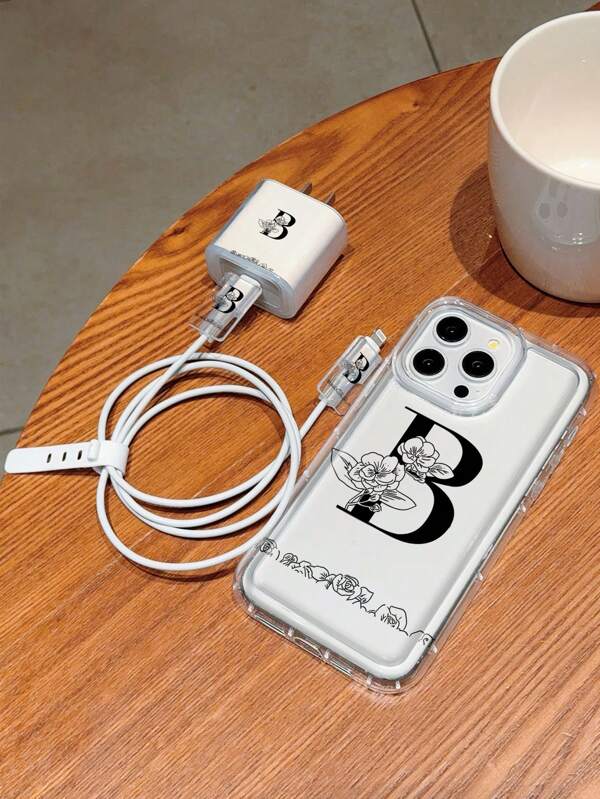 5pcs/Set Letter Design Phone Case, Data Cable Protector, Charger Adapter Cover Compatible With Iphone