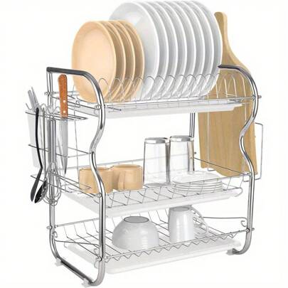 3 Tier Dish Drainer Rack With Drip Tray Stainless Steel Dish Drying Rack With Chopstick Holder Knife Holder Removable Chopsticks Knives Cutting Board Holder With Base Clips For Kitchen White