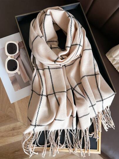 1pc Woman's Winter New Imitation Cashmere Plaid Scarf, Simple Fashion Tassel Ring Scarf Warm Shawl Unisex Cold, Suitable For Daily Travel, Casual Wear