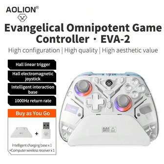  Aolion K10 With Charging Dock For Windows PC Hall Lineness Function Gamepad With Charging Dock Gamepad Hall Effect Joystick Trigger For PC/Switch/IOS/Android Hall Joystic USB Receiver Joystick RGB Wireless Controller