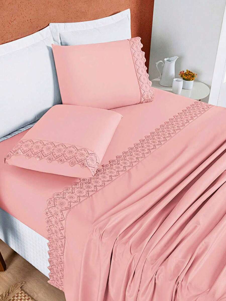 Nobless 4-Piece Sheet Set - King/Queen/Double/Single - 200 Thread Count Percale With Luxury Embroidered Laise - Màu hồng gỉ - Xem 1