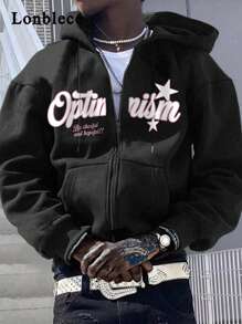 Lonblece Men's Printed Zip-Up Sweatshirt, Black, Casual, Suitable For Autumn And Winter