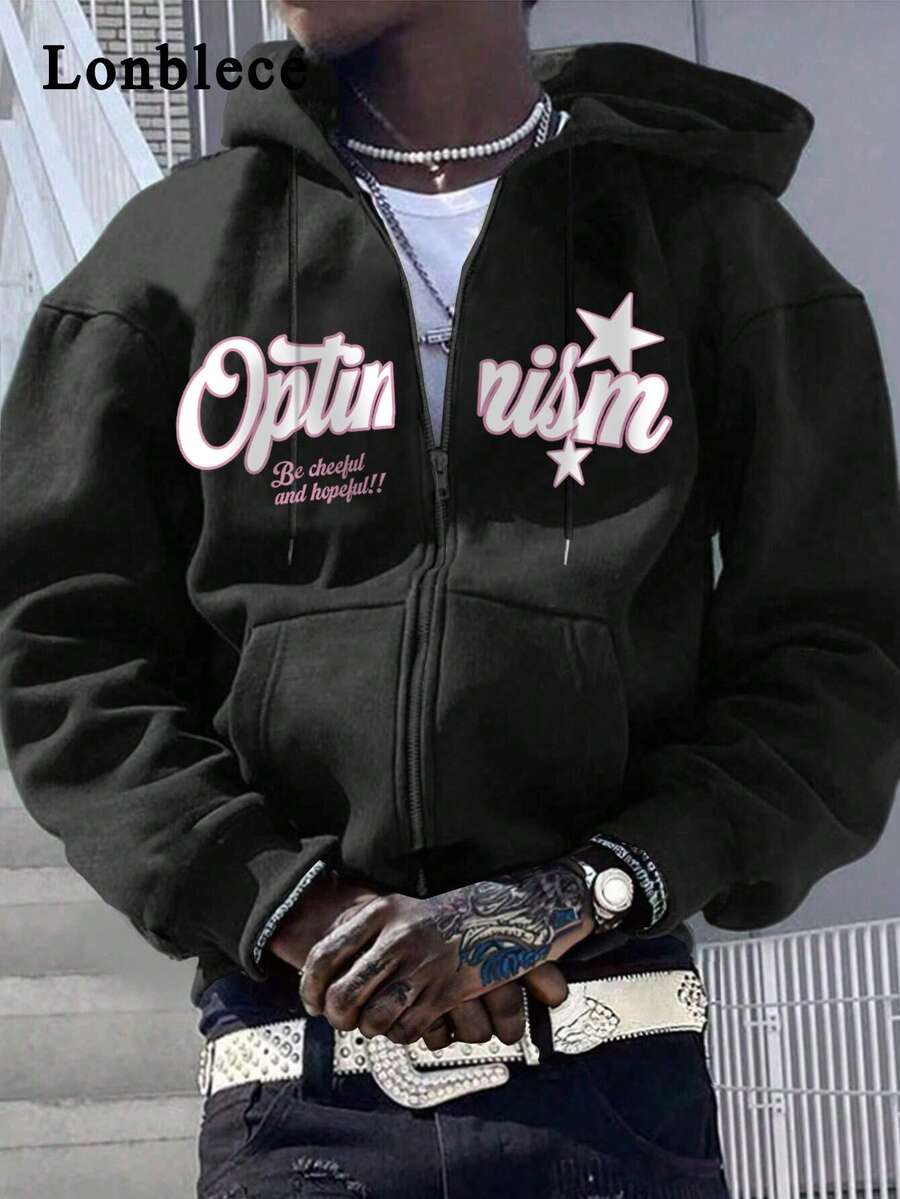 Lonblece Men's Printed Zip-Up Sweatshirt, Black, Casual, Suitable For Autumn And Winter