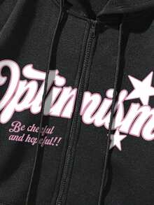 Lonblece Men's Printed Zip-Up Sweatshirt, Black, Casual, Suitable For Autumn And Winter