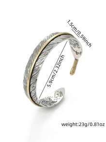 1pc Stainless Steel Feather Bangle, Adjustable Cuff Bracelet For Men, Daily Wear - Silver - View 5