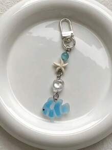 1 pieza Lindo y creativo llavero con cuentas de pez y estrella de mar, correa para teléfono móvil, colgante de bolso, adecuado para uso diario y como regalo