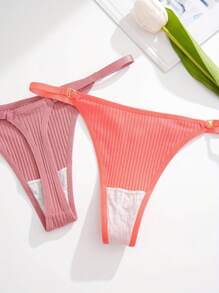 10pcs/Pack Ladies Metal Buckle Decor Ribbed G-String Underwear - Multicolor - View 4