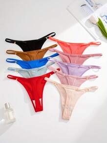 10pcs/Pack Ladies Metal Buckle Decor Ribbed G-String Underwear - Multicolor - View 3