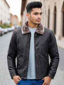 Men's Thickened Fleece Leather Jacket, Autumn/Winter