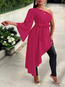 Blusa Asimétrica de una manga con cinturón ajustable para mujer - Rosa Fucsia - Ver 2