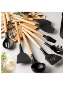 Kit Of 12 Silicone Kitchen Utensils With Wooden Handles - màu đen - Xem 2