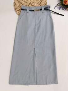 Midi Skirt With Belt High Waist Slit - Light Grey - View 4
