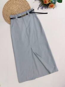 Midi Skirt With Belt High Waist Slit - Light Grey - View 1