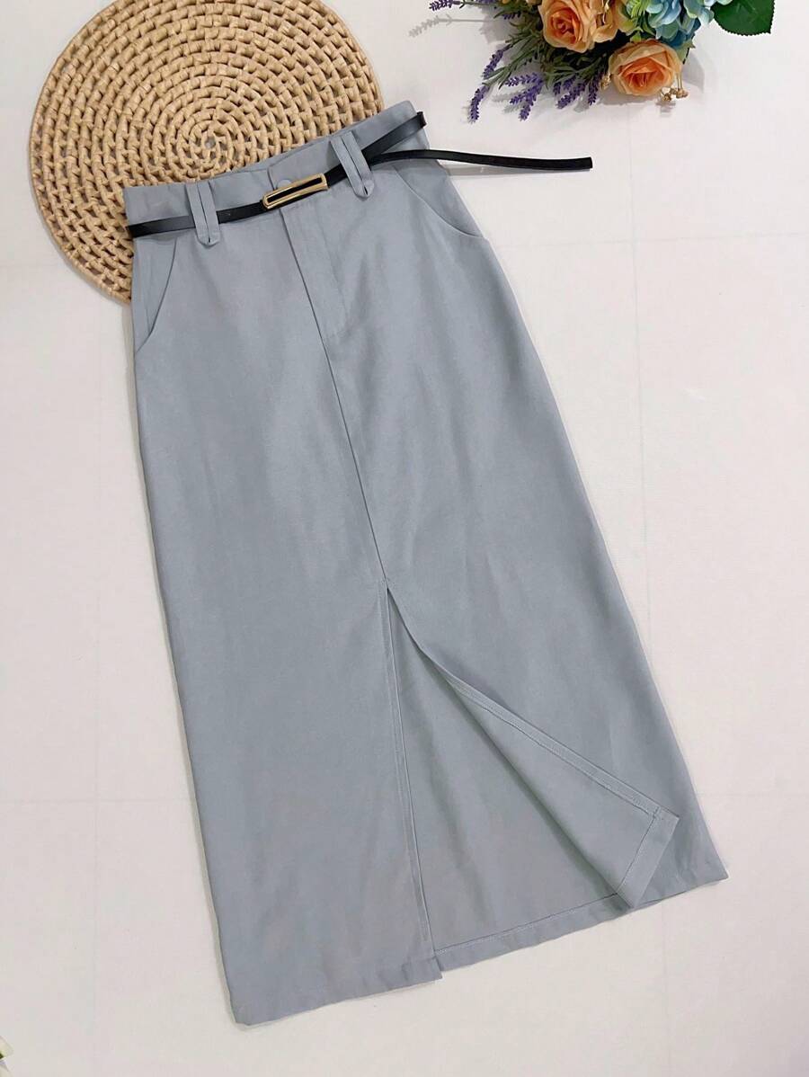 Midi Skirt With Belt High Waist Slit - Light Grey - View 1