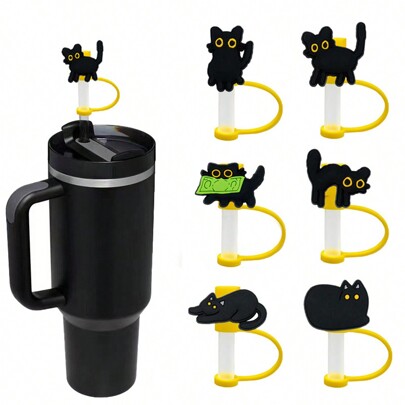 6/4/2pcs Cute Black Cat Straw Covers, Fits 30/40oz Tumbler, Reusable 10mm/0.4in Anti-Dust Straw Cap/Tip Protector, Party Favor, School Supplies