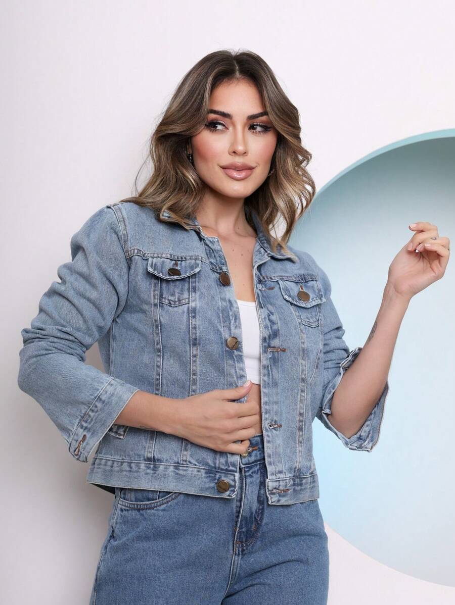 Women's Fashion Denim Jacket - 淺色水洗藍 - 查看 1