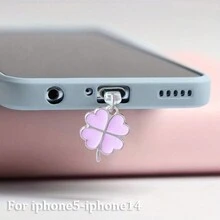 Universal Dust Plug Charm Decor Compatible With Iphone 5-IPhone 14 Smartphones, Lucky Four Leaf Clover Design - Pink - View 7