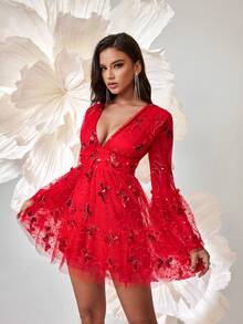 Seksowna sukienka z dekoltem w serek, motylem, cekinami i siateczką, długimi rękawami, wieczorowa sukienka na imprezę, wesele