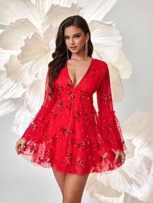 Seksowna sukienka z dekoltem w serek, motylem, cekinami i siateczką, długimi rękawami, wieczorowa sukienka na imprezę, wesele