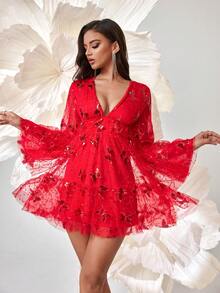 Seksowna sukienka z dekoltem w serek, motylem, cekinami i siateczką, długimi rękawami, wieczorowa sukienka na imprezę, wesele