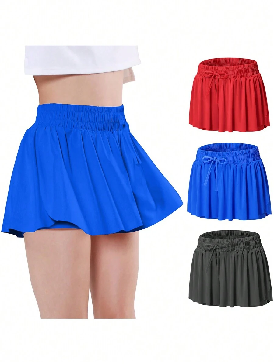 3 Pieces EXARUS Girls Butterfly Shorts Flowy Athletic 2 In 1 Tennis Gym Cheer Skirt Skort Dance Running Preppy Clothes 6-14Y - BỘ-5 - Xem 1