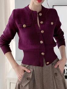 Casual Solid Color Long Sleeve Knit Ribbed Button Mock Pocket Round Neck Cardigan - Purple - View 3