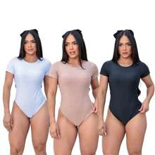 Kit 3 Body Feminino Manga Curta Com Forro Tecido Suplex Premium Com Forro Moda Casual Tendencia Verão - PRETO/BRANCO/BEGE - Visão 1