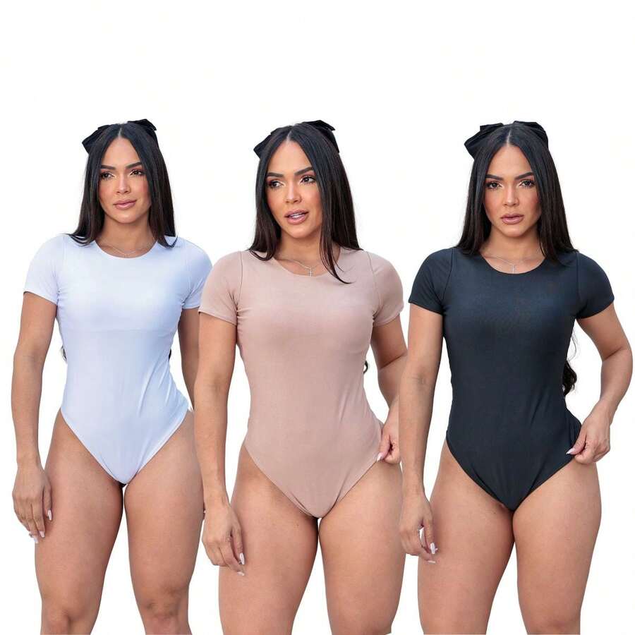 Kit 3 Body Feminino Manga Curta Com Forro Tecido Suplex Premium Com Forro Moda Casual Tendencia Verão - PRETO/BRANCO/BEGE - Visão 1