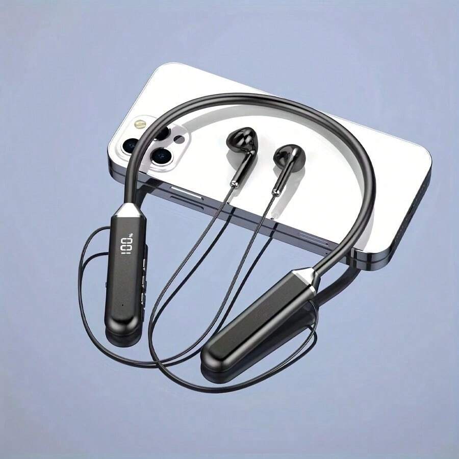 颈带式蓝牙耳机，入耳式运动跑步耳塞，电池寿命长，带显示屏，兼容智能手机 - 黑色 - 查看 1