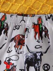 Conjunto de pijama informal de 2 piezas con estampado gráfico de toro y caballo para niños pequeños 2024, ropa de estar en casa para niños - Gris Claro - Ver 7