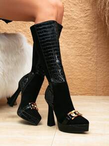 Women's New Pointy Toe Waterproof Platform Spliced Black High Heeled Fashionable Boots With Metal Buckle And Side Zipper, Autumn & Winter Knee-High Boots