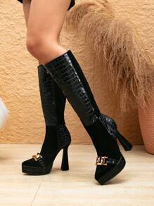 Women's New Pointy Toe Waterproof Platform Spliced Black High Heeled Fashionable Boots With Metal Buckle And Side Zipper, Autumn & Winter Knee-High Boots