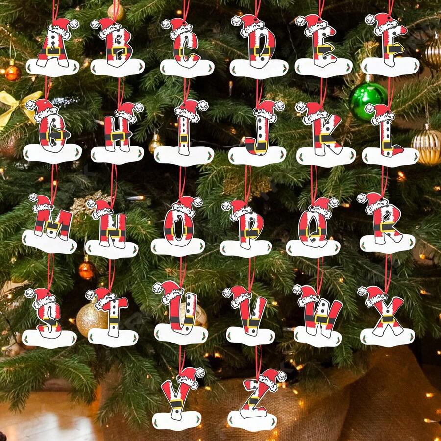 1 件圣诞主题 DIY 26 个字母挂饰，木制装饰，圣诞帽红色字母袜子，适用于圣诞树装饰，DIY 名称。可书写。，圣诞节 - 彩色 - 查看 1