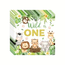 10 件 Wild One 生日派对用品餐具套装生日装饰品包括盘子、餐巾动物丛林主题 Wild One 派对用品适用于一岁生日派对桌面装饰促销 - 彩色 - 查看 10