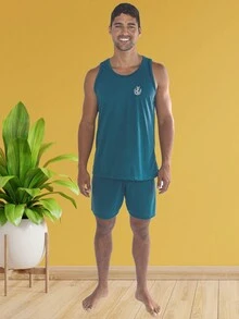 2 Pajama Shorts With Closed Tank Top For Adult Men's Line - 墨綠色 - 查看 6