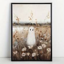 1pc, Canvas Hanging, Vintage Floral Meadow Art Print: Cute Ghost In Autumn Landscape - Home Decor Wall Art, Halloween Decor, Holiday Decor, Ghost Decor