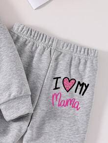 青少年女孩字母图案印花圆领运动衫和喇叭裤套装 - 灰色 - 查看 6