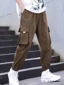 1pc Tween Boys Casual Outdoor Exercise Multi-Pocket Fleece Joggers, Autumn/Winter - Coffee Brown - View 4